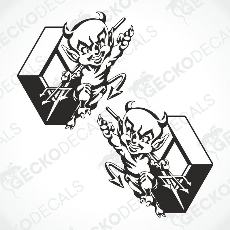 Two black and white die cut stickers depicting cartoonish devil characters, intended for use as vehicle decals.
