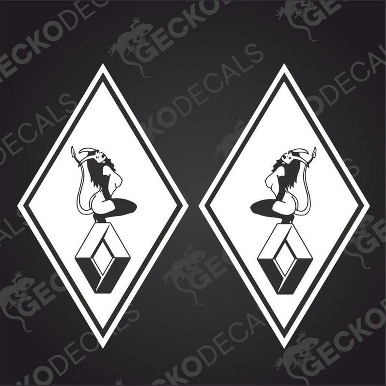 Two white diamond-shaped vehicle decals featuring a stylized female figure on each, with the text 'RENAULT GIRL' above the figure.