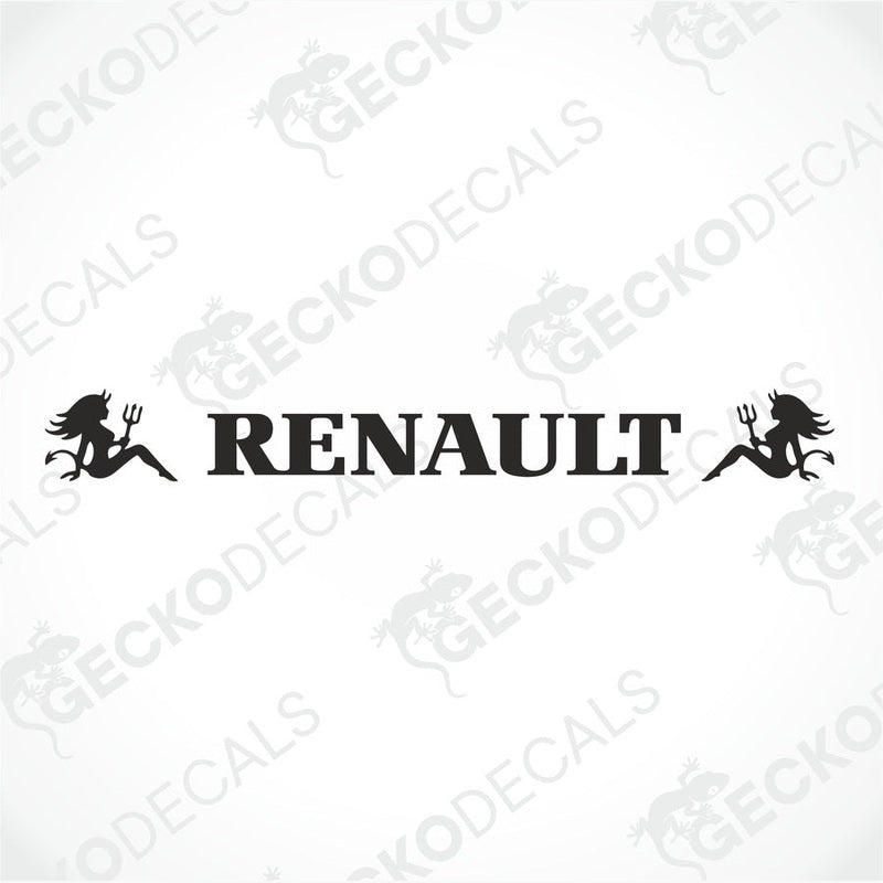 A Renault truck with a die cut decal on the windscreen depicting a devil and the text 'RENAULT'.