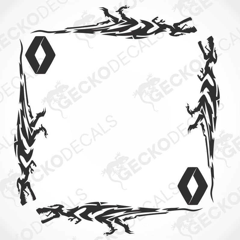 A set of black tribal patterned decals for Renault vehicles, designed for side window placement.