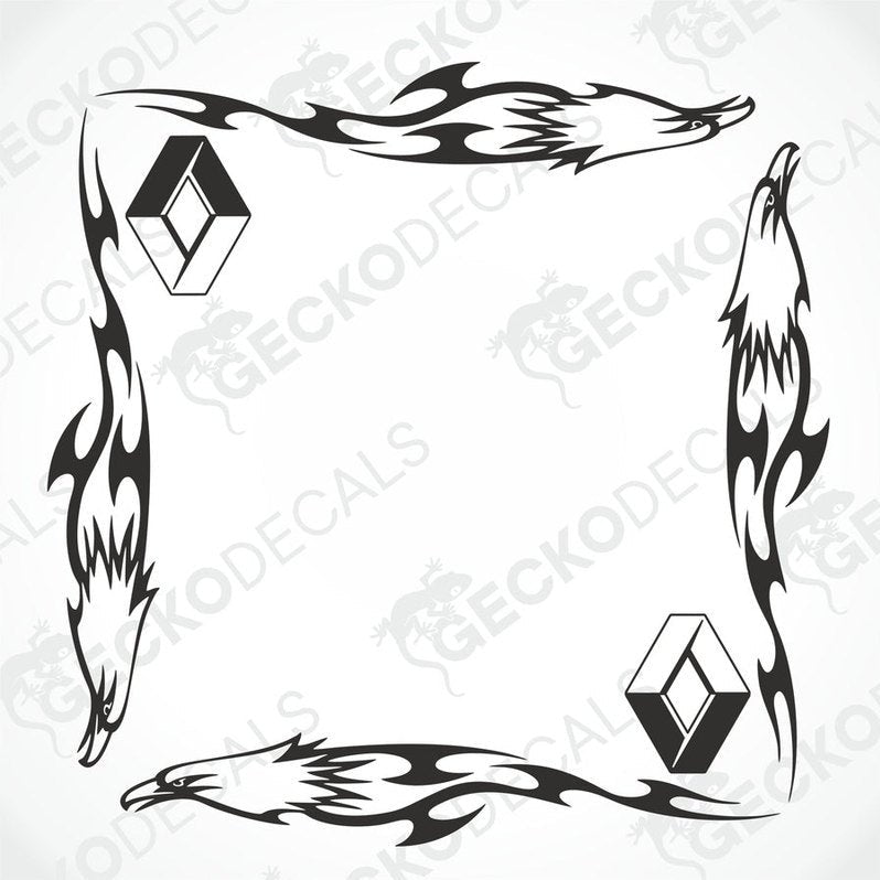 A set of black tribal patterned side window decals with eagle motifs for RENAULT vehicles.