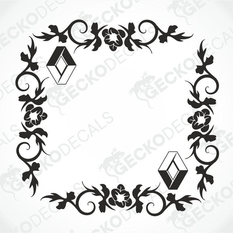 A black and white image of a die cut sticker with a floral pattern designed for use as a side window decal for a Renault vehicle.