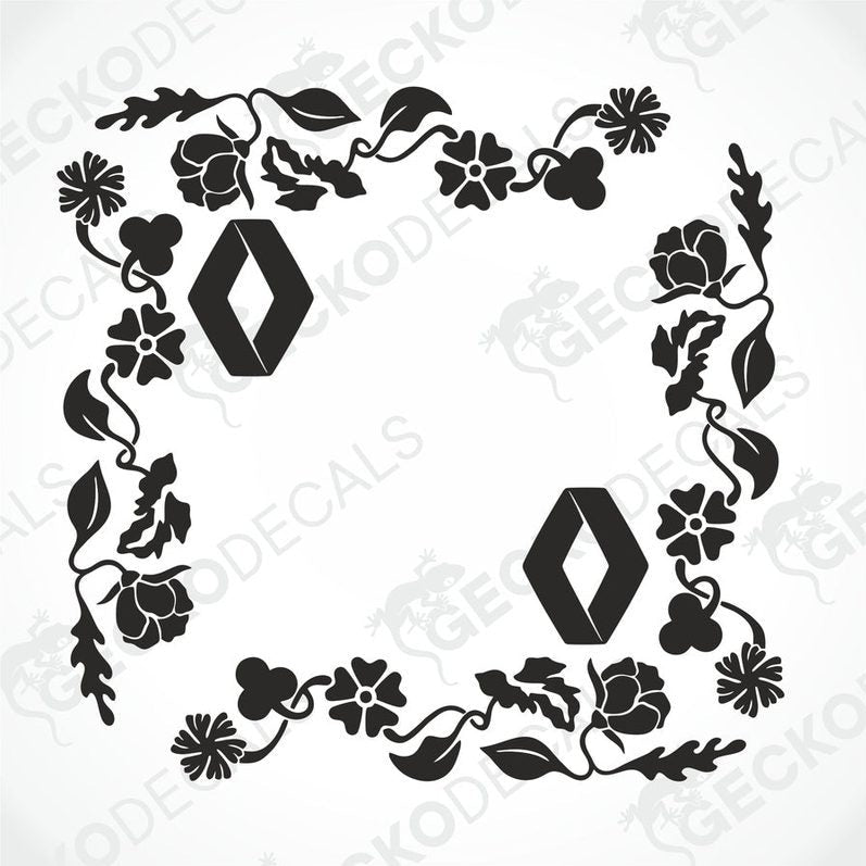 A black and white image of a die-cut floral pattern decal for Renault vehicles, showing a set of two side window designs with floral motifs and the Renault logo.