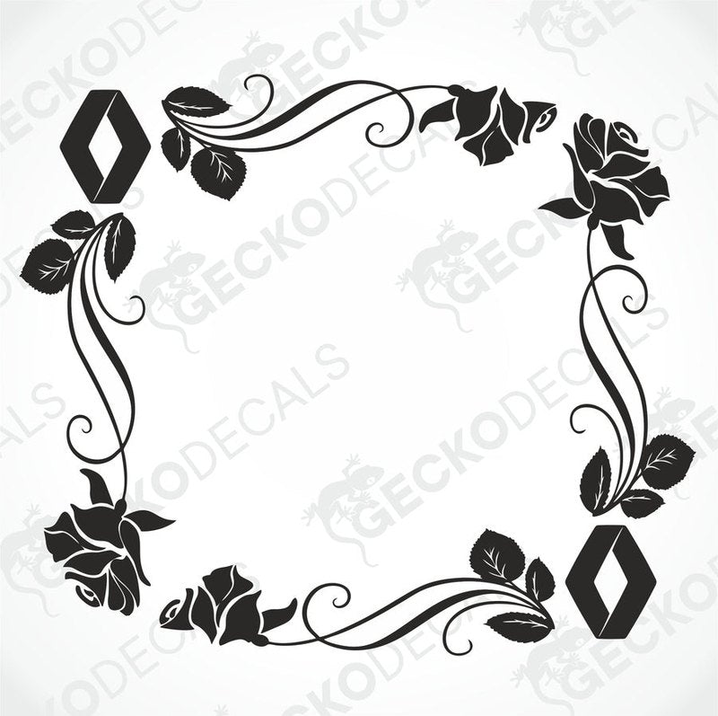 A black and white image of a die cut floral side window decal, featuring roses and decorative elements, intended for use on a vehicle.