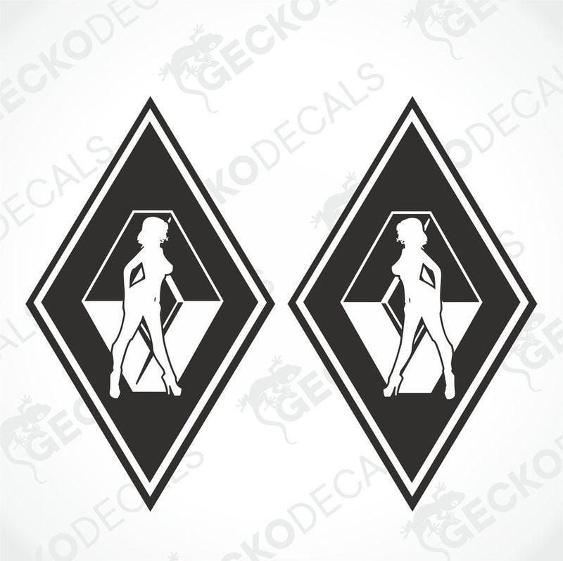 Two white diamond-shaped vehicle decals featuring a stylized female figure on each, with the text 'RENAULT GIRL' above the figure.