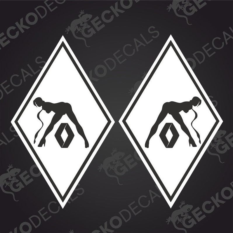 Two white diamond-shaped vehicle decals with a silhouette of a person and a Renault logo inside them, on a black background.