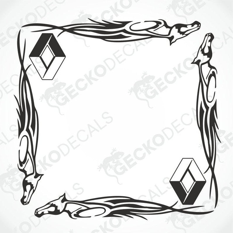 A set of two black tribal-themed horse decals designed for use on side windows of vehicles.