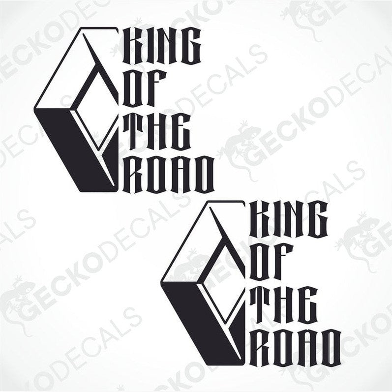 Two black decals with the text 'KING OF THE ROAD' and a small graphic icon on each, placed against a white background.