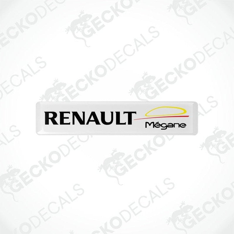 Withe vinyl stickers with the RENAULT brand and MEGANE model name, featuring red and yellow accents.