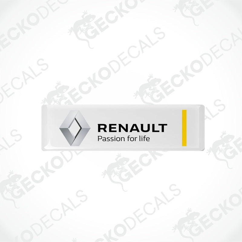 Withe rectangular car decals with the Renault logo and the phrase 'Passion for life' written in black.