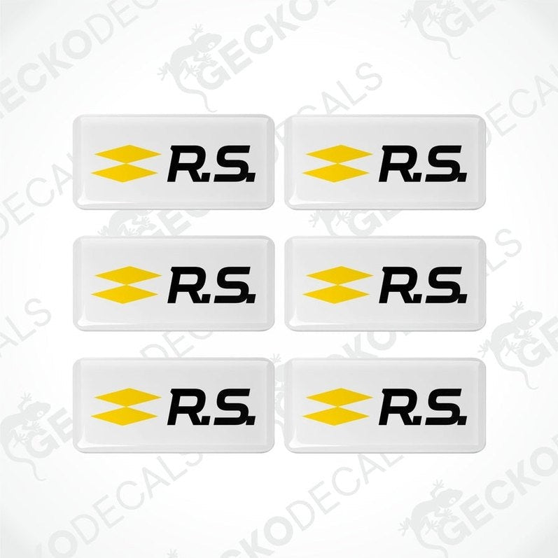 A set of six withe and yellow car decals with the 'R.S.' logo.