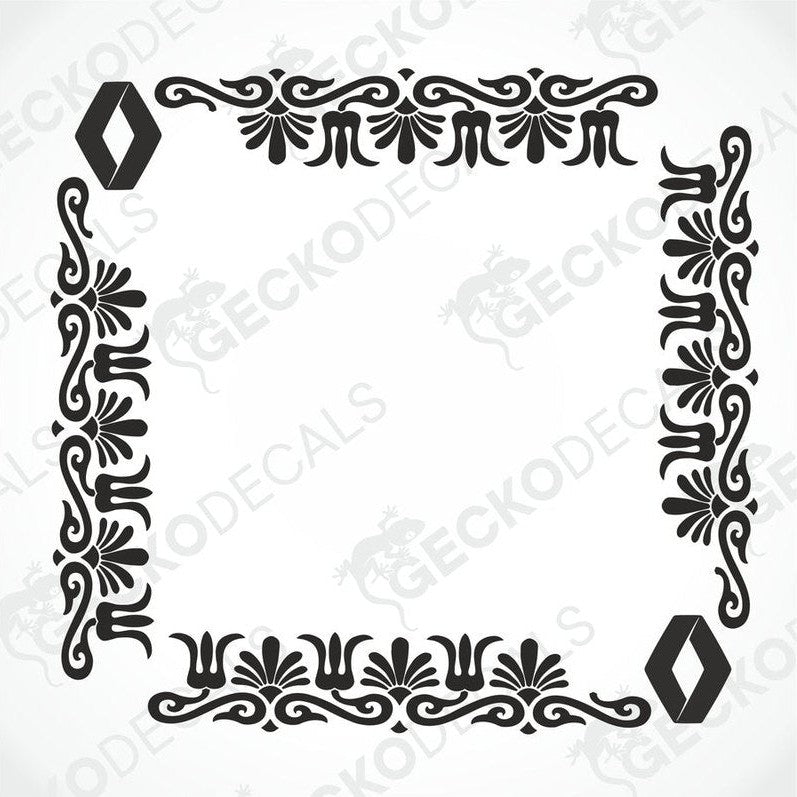 A die cut black decal with a floral pattern designed for use on a vehicle's side window.