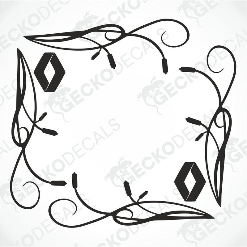 A set of two black side window decals with a floral design, intended for use on a RENAULT vehicle.