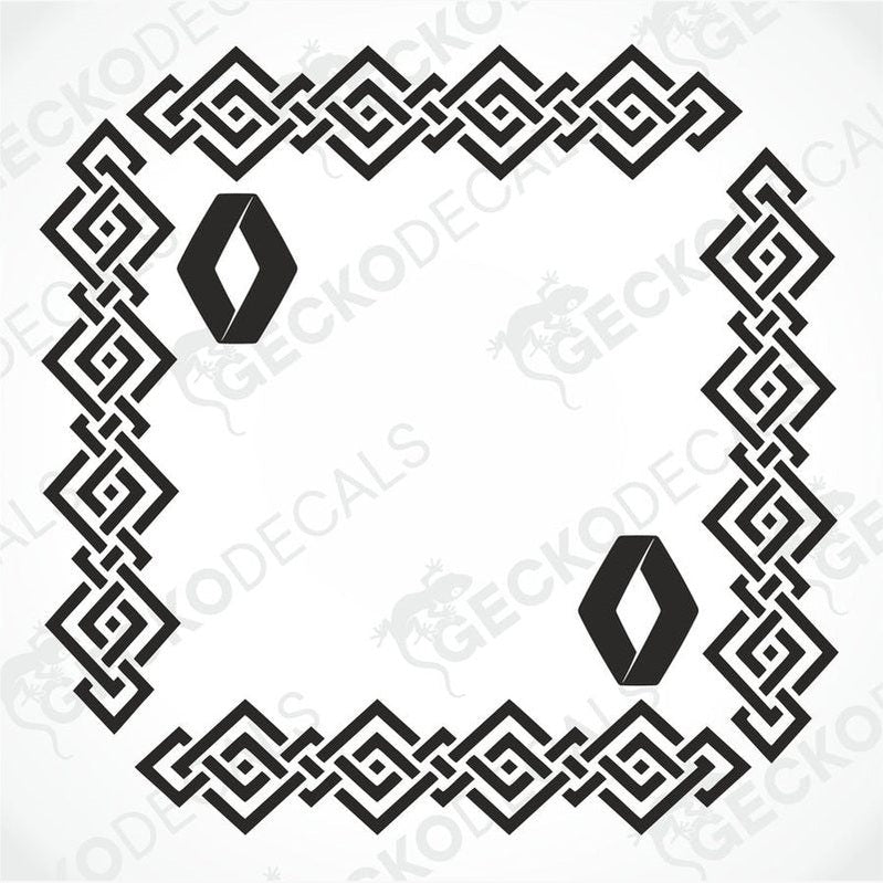 A die cut sticker with a geometric pattern, featuring the Renault logo, designed for use as a side window decal.