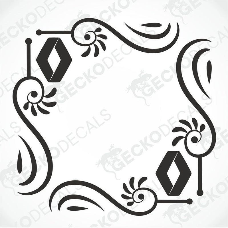 A black and white image of a die cut sticker with a decorative swirl pattern designed for use as a side window decal for vehicles.