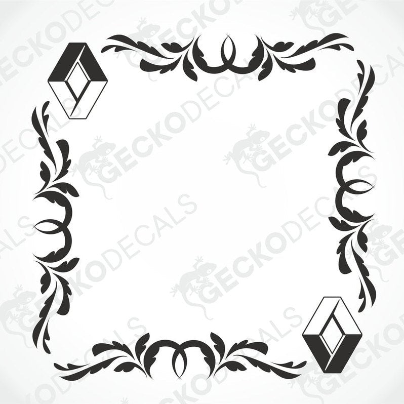 A black and white design of a side window decal with ornamental border and a diamond-shaped center.
