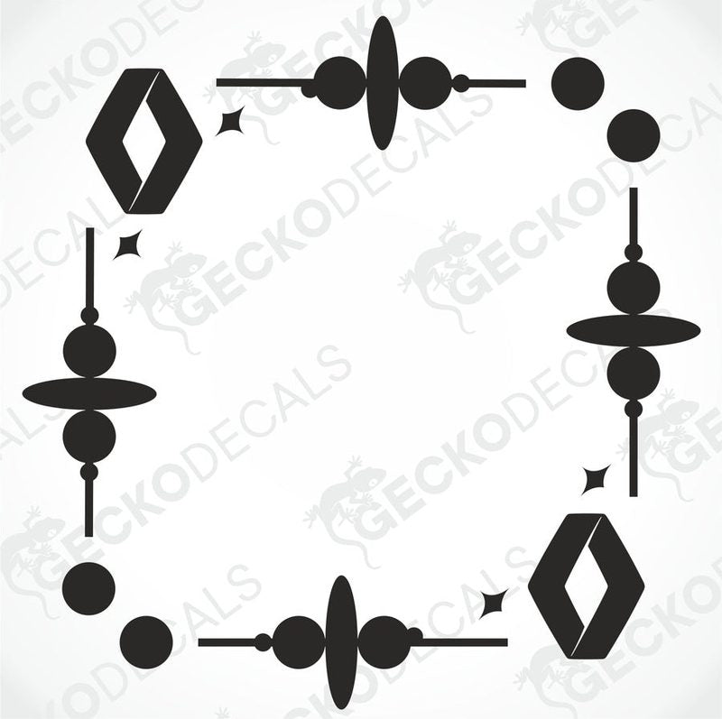 A set of black geometric shaped decals intended for use as vehicle side window decorations.