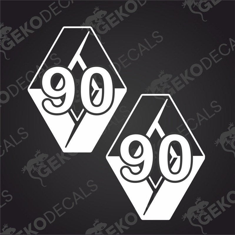 Two black and white vehicle decals with the number 90 and the Renault brand logo.