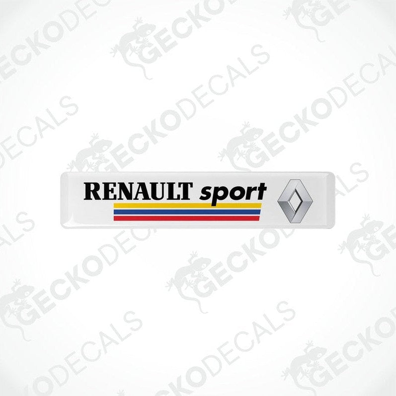 Withe rectangular vinyl decals with the text 'RENULT sport' and the Renault logo in black, yellow, and red.