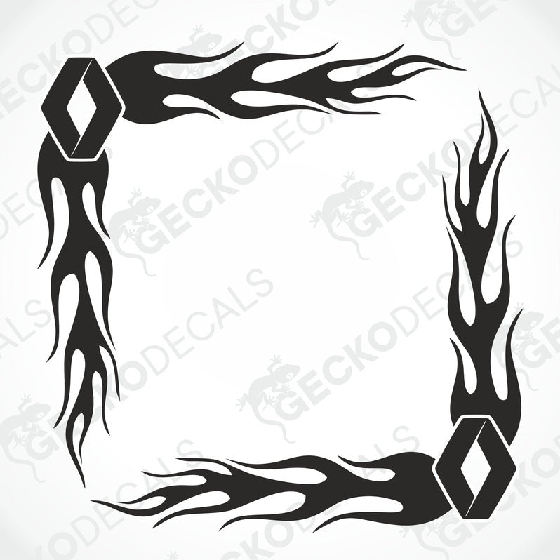 A pair of black tribal flame design side window decals for a vehicle.