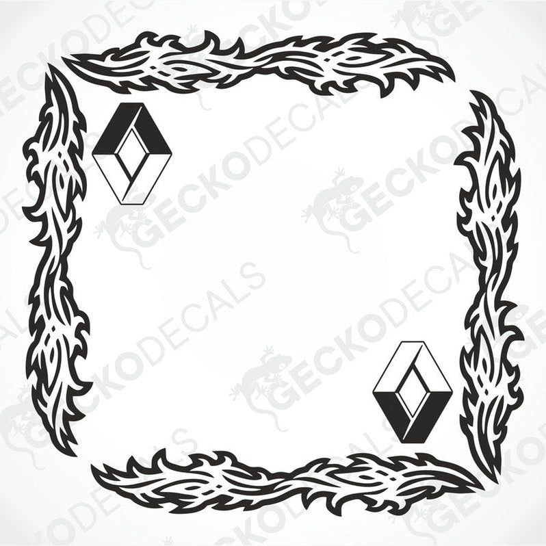 A black and white tribal pattern side window decal for a Renault truck
