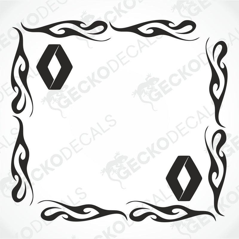 A set of two black tribal patterned side window decals for a Renault vehicle, displayed on a white background.