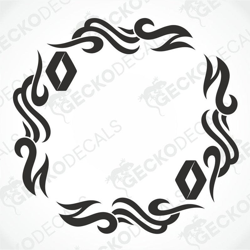 A black and white tribal pattern side window decal for a Renault vehicle.
