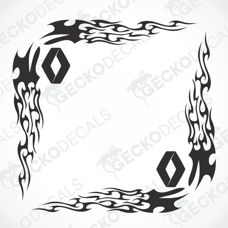 A set of two black tribal pattern die cut stickers for Renault truck side window decoration, displayed on a white background.