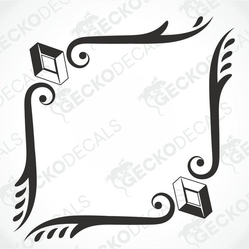 A black and white design for side window decals, featuring decorative elements and the brand name 'GeckoDecals'.