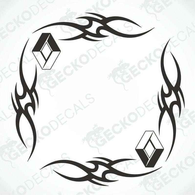 A black and white tribal pattern side window decal for a Renault vehicle.