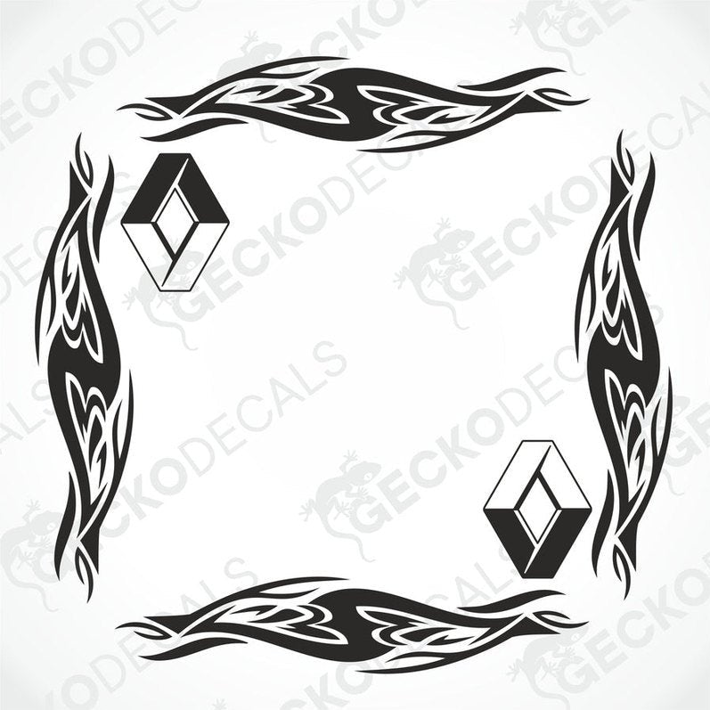 A set of two black tribal design side window decals for Renault vehicles, displayed on a white background.