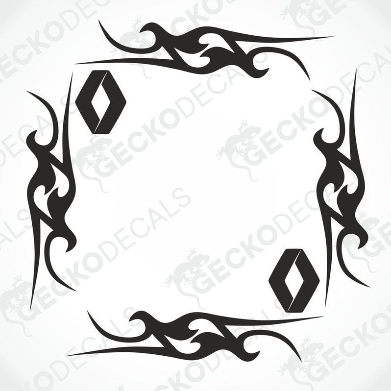 A set of two black tribal patterned side window decals for Renault vehicles, displayed on a white background.