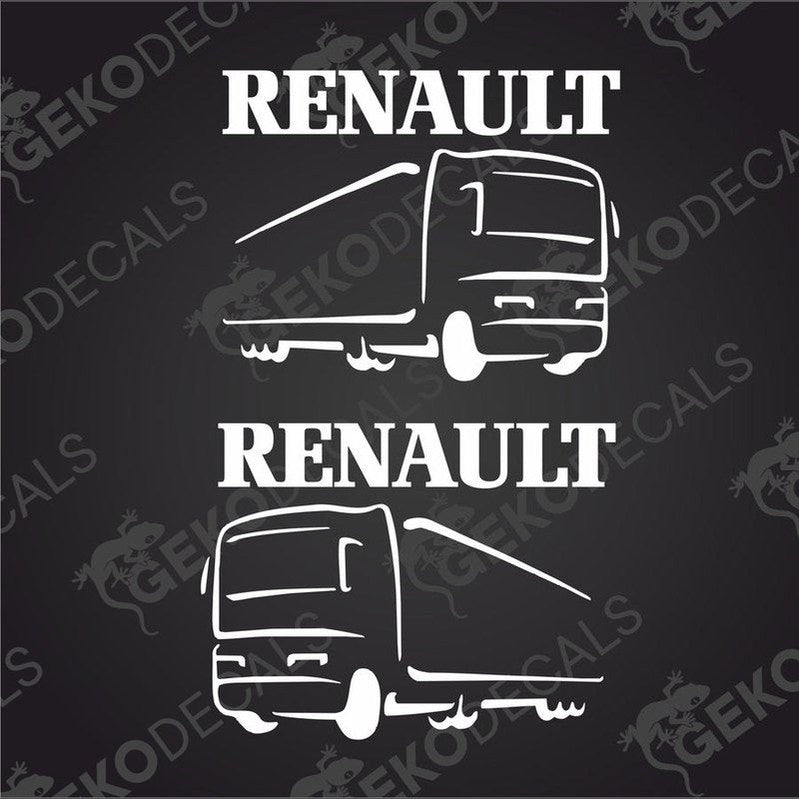 Two black decals of a Renault truck, one showing the front left side and the other showing the front right side, with the brand name 'RENAULT' written above.