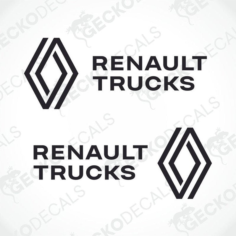 Two black decals for Renault trucks, one with the logo on the left side and the other with the logo on the right side, both featuring a white diamond design.