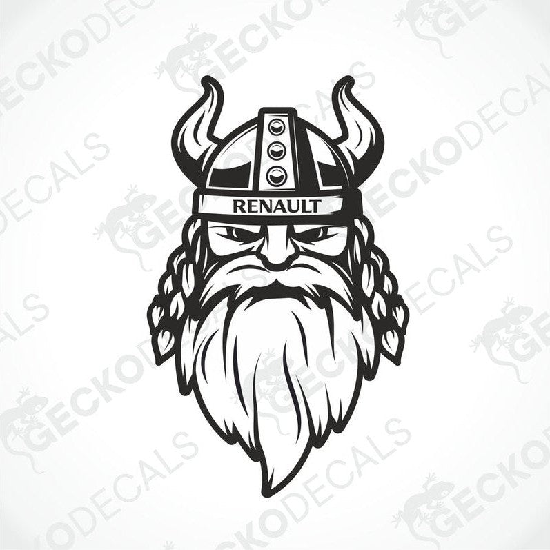 A black and white decal of a Viking head with a horned helmet featuring the Renault logo.