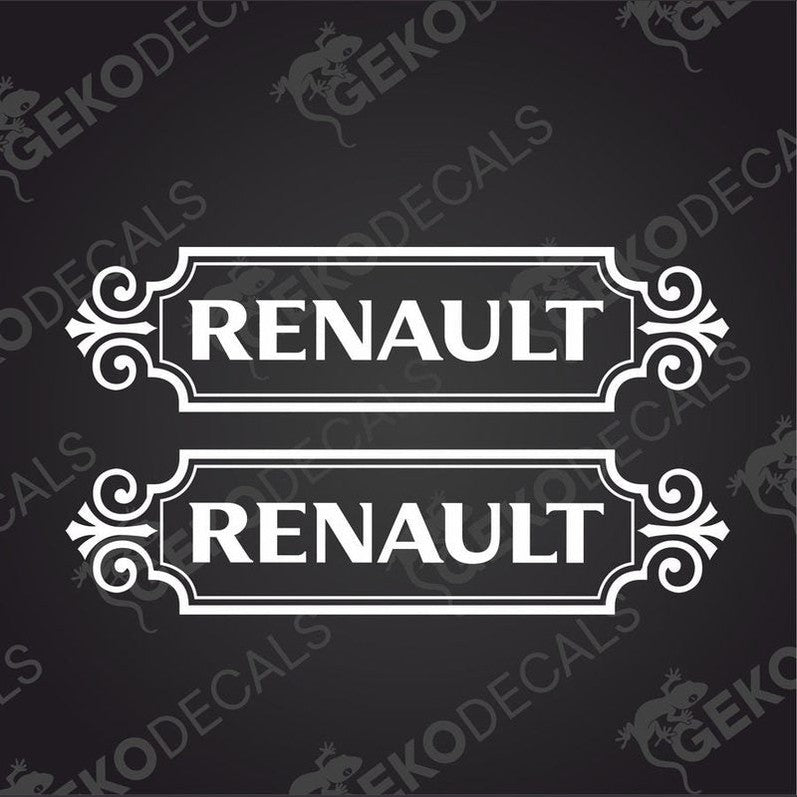 Two die cut stickers with the word RENAULT inside a decorative frame, delivered on transfer paper.