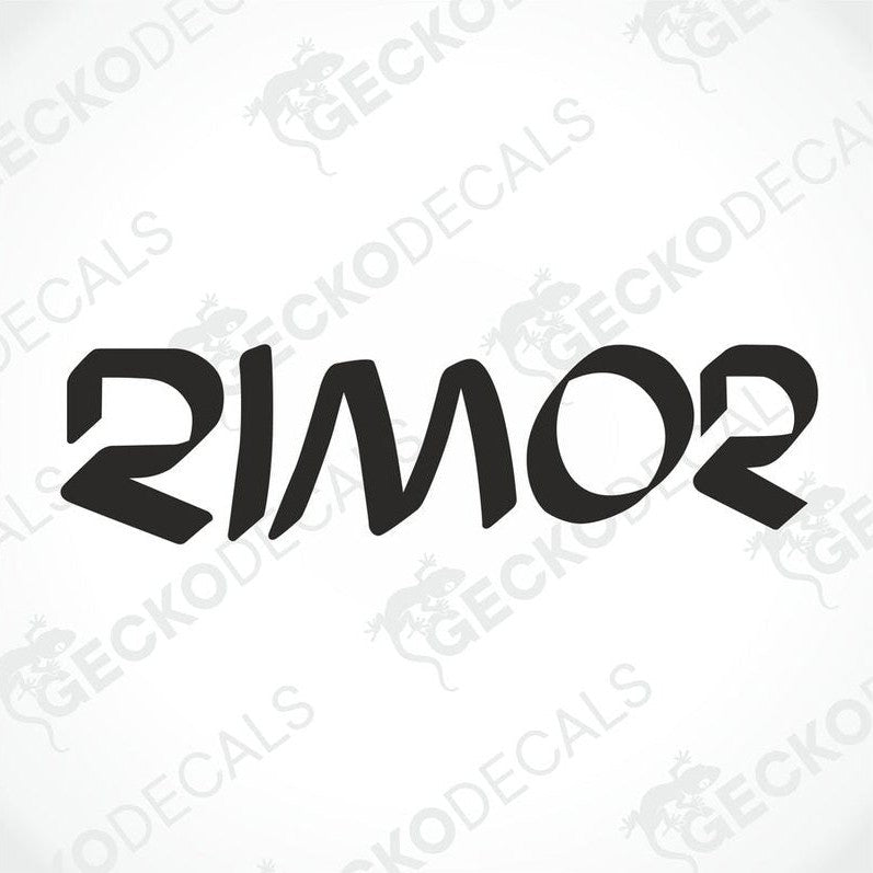A black die cut decal with the brand name 'rimor' displayed on a white background. The decal has a geometric design on the letter 'o'.