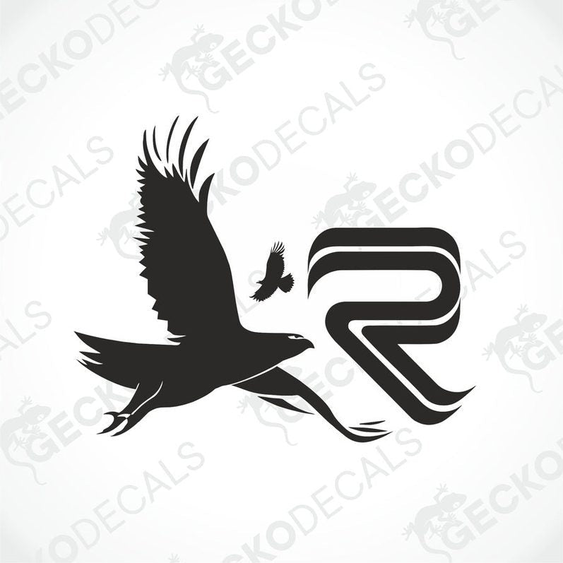 A black die cut decal of a stylized bird with the letter R next to it, indicating a vehicle branding or decoration.