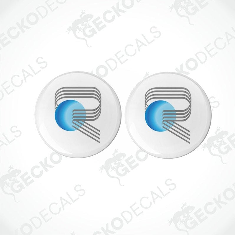 Two white vinyl stickers with a geometric pattern and the brand name 'Rimor' printed on them.