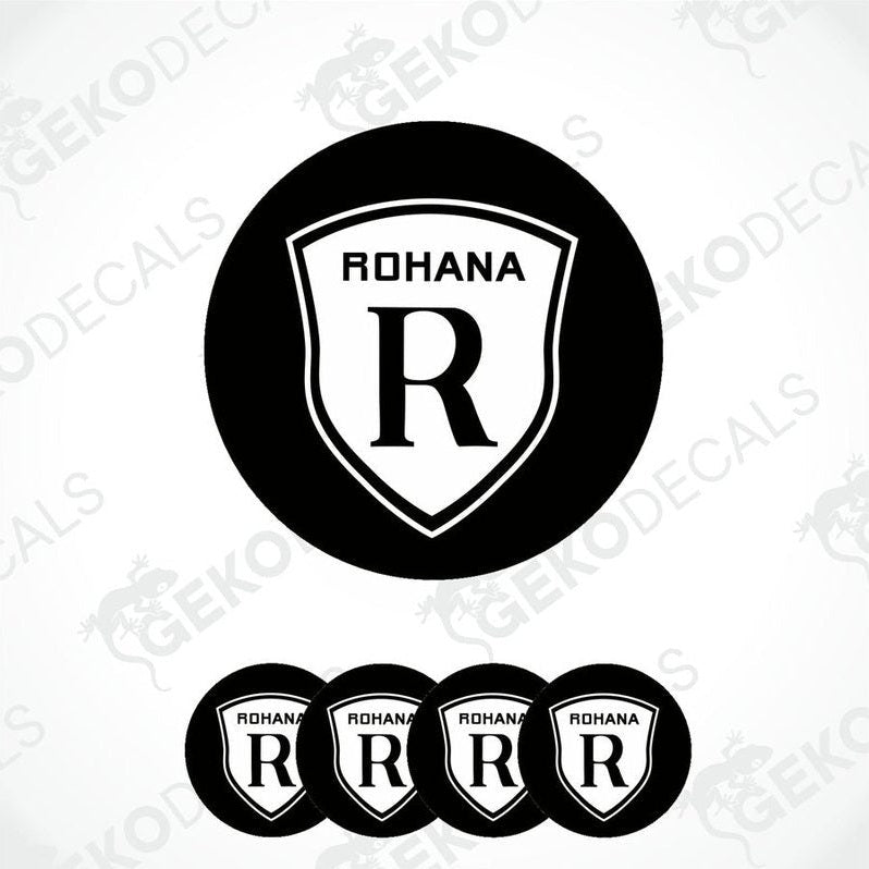 A set of four black and white vehicle decals with the word 'ROHANA' written in a distinctive font.