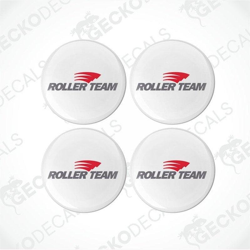 A set of four white round vinyl decals with the red 'ROLLER TEAM' logo.