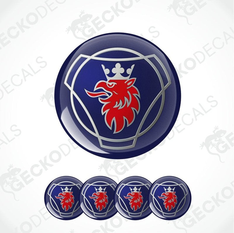Set of blue emblems with a red lion design on a white background