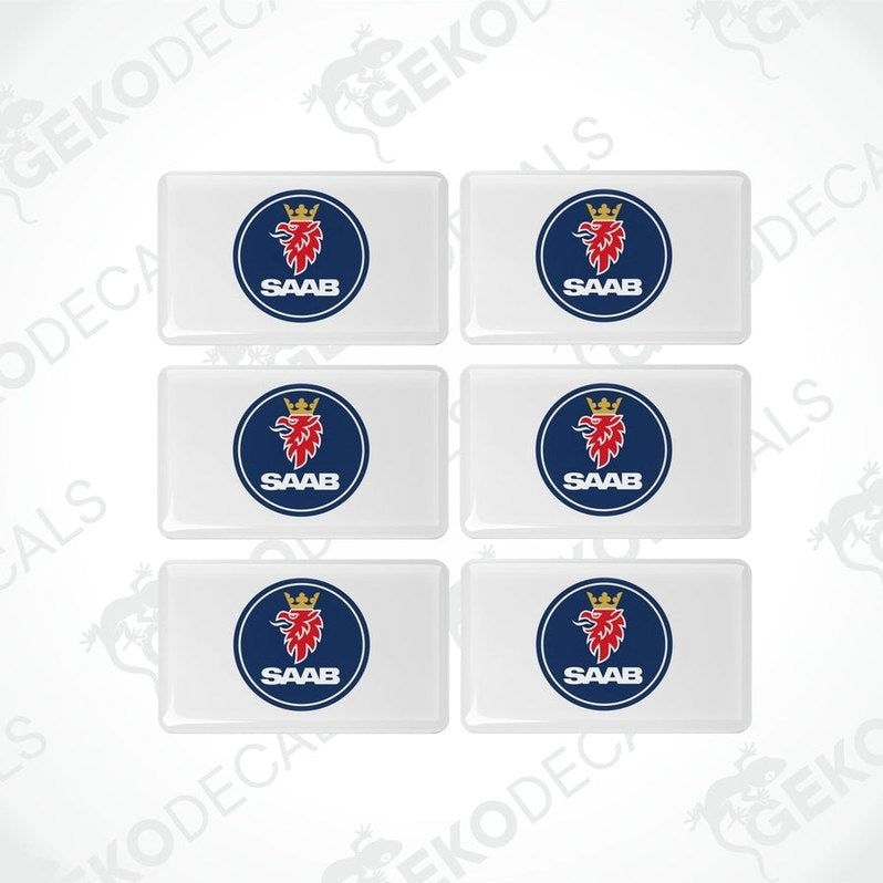 A set of six WITHE vinyl decals with the SAAB logo in red and blue.