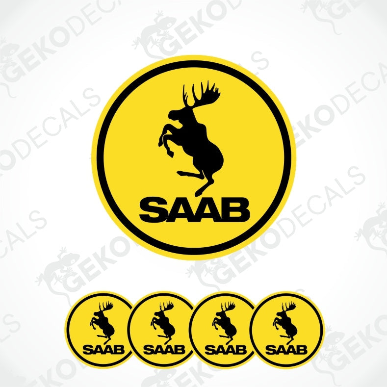 A set of four yellow vinyl stickers with a black silhouette of a moose and the word 'SAAB' on each sticker.