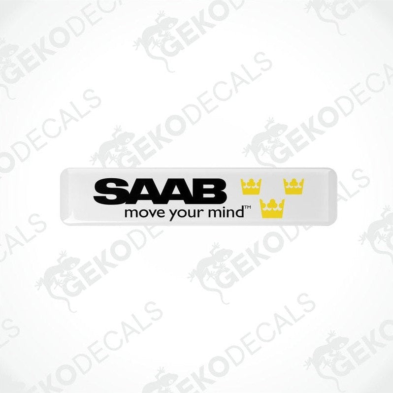 Rectangular withe vinyl decals with the text 'SAAB move your mind' and the SAAB logo in yellow.