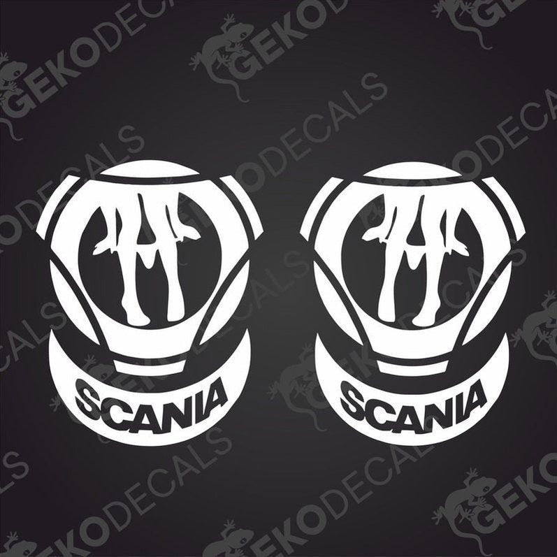 Two white decals of SCANIA brand for vehicle application, delivered on transfer paper.