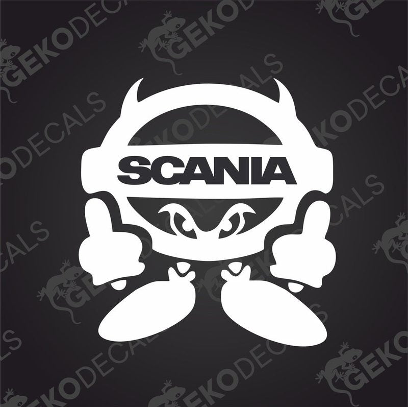 A white decal of the Scania brand for trucks, featuring the Scania logo and a cartoonish character giving a thumbs up.
