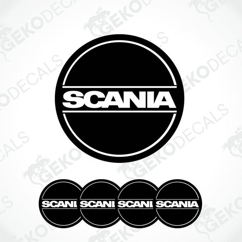 A set of four black, white, and gray vinyl stickers with the word 'SCANIA' printed on them.
