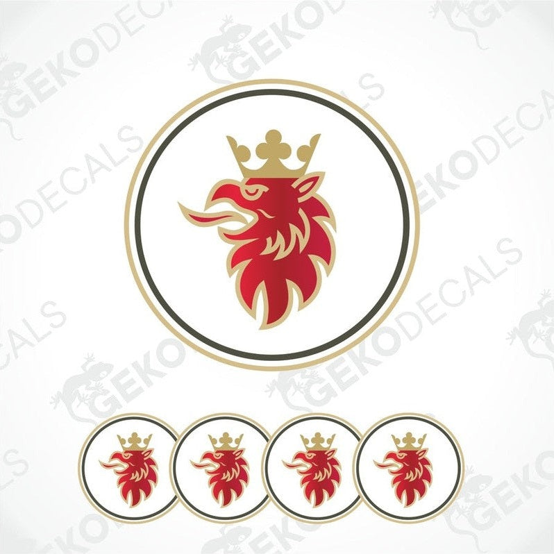 A set of vinyl decals with a red and gold emblem of Scania head with a crown, presented in a circular design with four additional variations shown below.