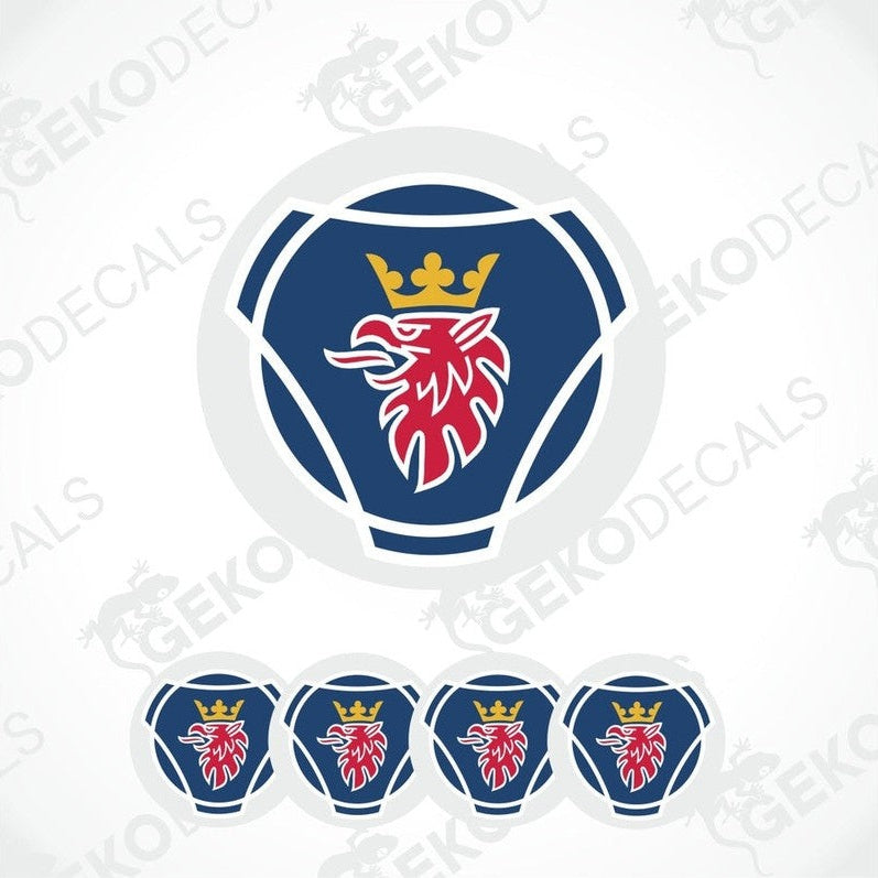 A set of round vehicle decals with a blue and red design featuring a crown and a stylized Scania Eagle head.